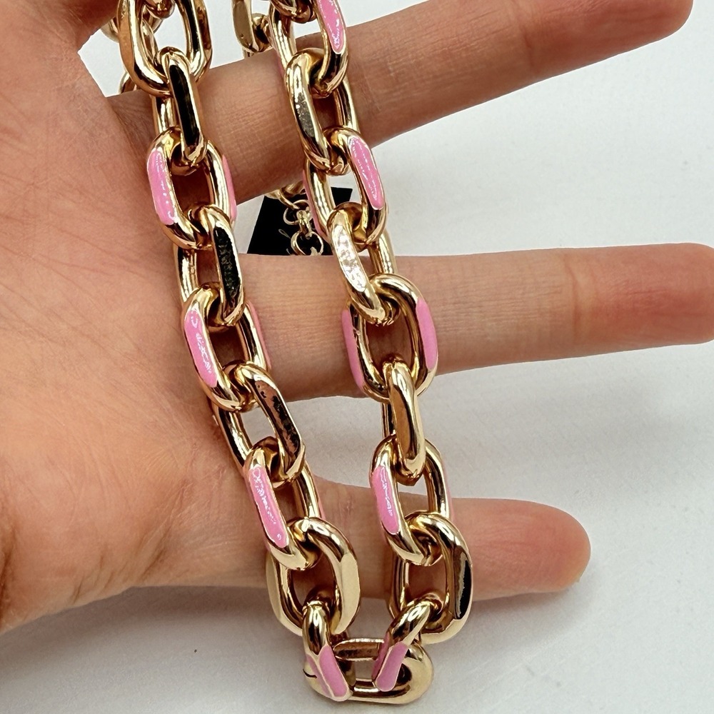Thalia Sodi Chunky Gold Tone 19" Chain Statement Necklace w/ Pink Enamel - Picture 7 of 7